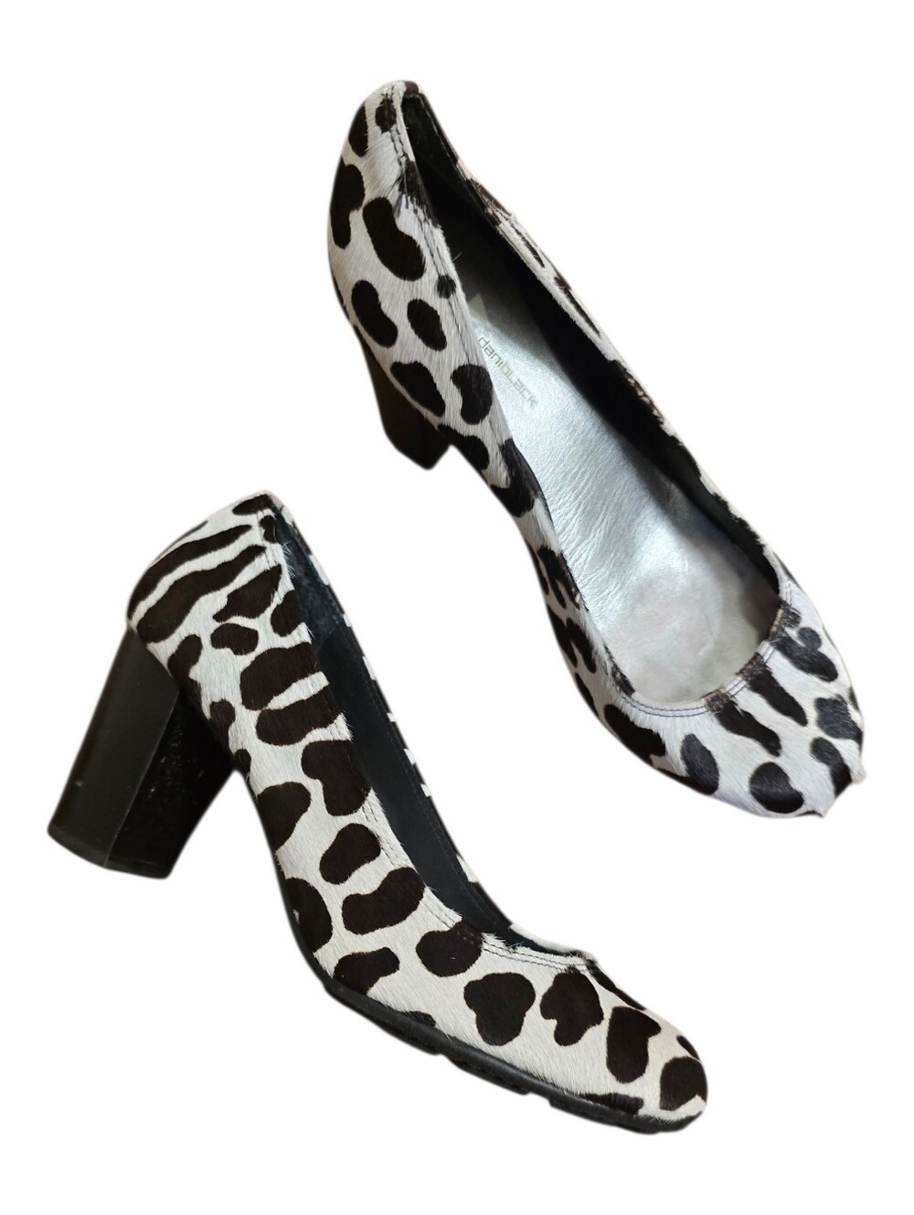 Dani Black Southern Chic Black White Cow Print Faux Calf Fur Heels 6.5